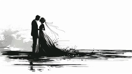 Elegant silhouette of a bride and groom standing against a serene background, captured in monochrome watercolor style.