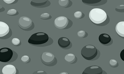 Smooth monochrome pebble stone seamless pattern. Gravel cobblestone texture on grey background.