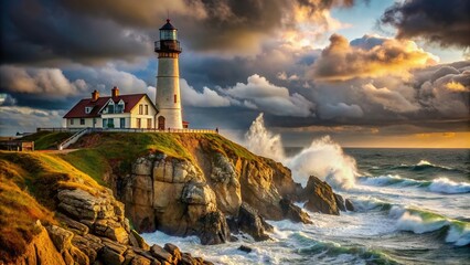Lighthouse perched on rugged cliffs overlooking stormy sea