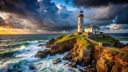 Lighthouse perched on rugged cliffs overlooking stormy sea - Powered by Adobe