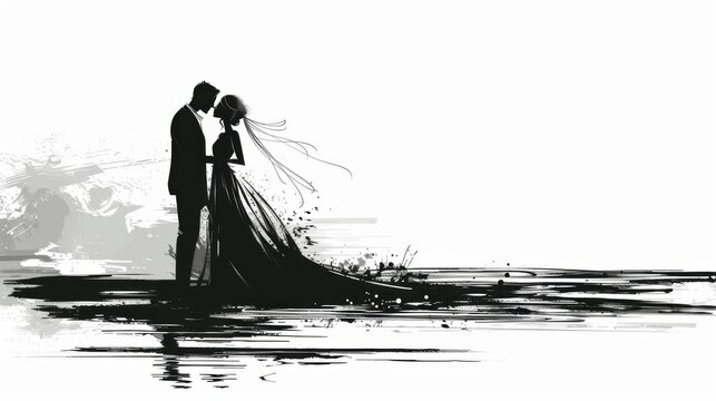 Elegant silhouette of a bride and groom standing against a serene background, captured in monochrome watercolor style.