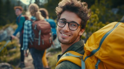 Fototapeta premium A man with glasses and a yellow backpack is smiling, hike concept