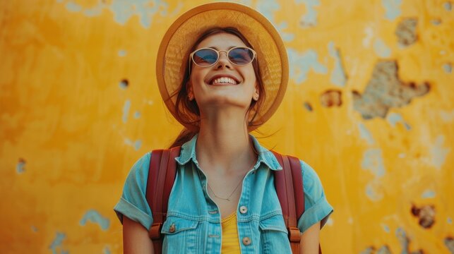 A woman wearing a straw hat and sunglasses is smiling, hike concept