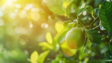 Fresh green lime on tree with sunlight lens flare