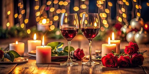 Romantic still life with two wine glasses and candles on a table