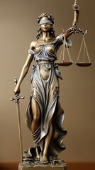 A statue of a woman with a blindfold on, holding a sword and scales, Themis or Lady Justice concept