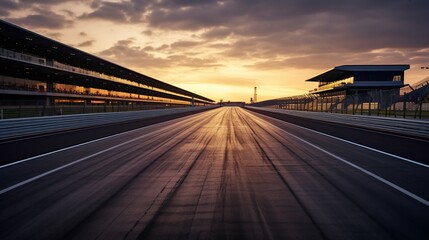 Fototapeta premium A wide-angle shot of the asphalt of an international race track at sunset in the evening.