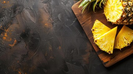 Fresh sliced pineapple on wooden cutting board against dark rustic background - Powered by Adobe