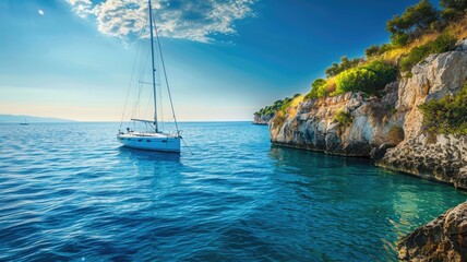 Sailboat on tranquil blue sea near rocky coast and lush greenery under bright sky - Powered by Adobe