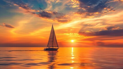 Sailboat on calm sea at sunset with vibrant sky