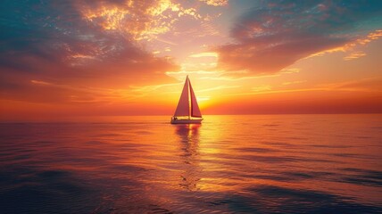 Stunning sunset over calm ocean with sailboat