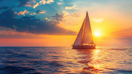 Sailboat on tranquil sea under vibrant sunset sky