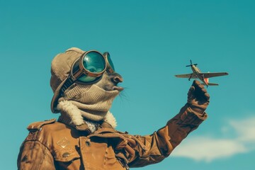 A gnat in a pilots uniform with a cap and goggles, holding a small model airplane, against a sky blue background with copy space