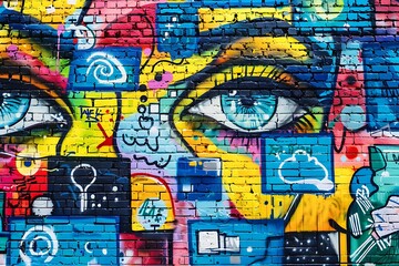 Depiction of a colorful graffiti wall with symbols of communication