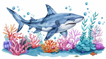 Fototapeta premium A kawaii water color of a majestic shark, gliding through the deep blue sea among colorful coral reefs, Clipart isolated on white