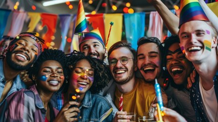 Fototapeta premium Joyful group of friends celebrating at a party with rainbow decorations, laughter, and lively energy. LGBTQ+ pride and inclusivity.