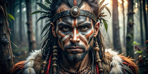 Fierce warrior with tribal warpaint on face standing in the forest