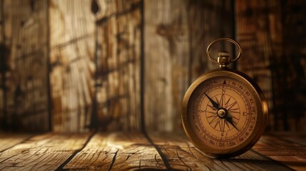 A single compass on a wooden background with a blurred backdrop suitable for advertising