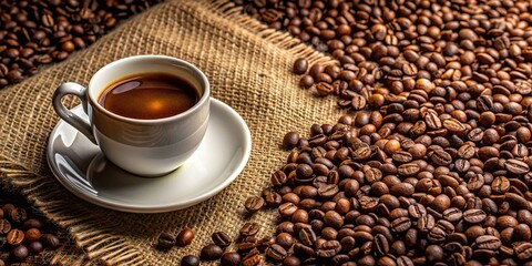 White cup of coffee surrounded by coffee beans on a brown cloth background