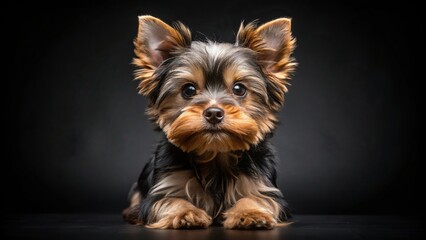 A loyal Yorkie puppy stares curiously with a deep gaze against a black background