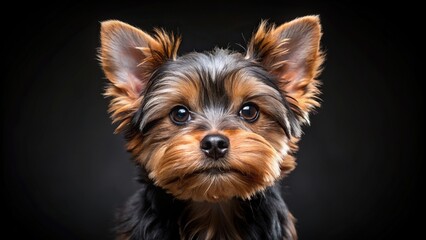 A loyal Yorkie puppy stares curiously with a deep gaze against a black background
