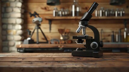 A single microscope on a wooden background with a blurred backdrop suitable for advertising