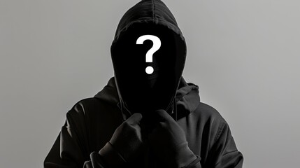 A hooded man with a black hoodie and a white question mark on his face, incognito or unknown concept