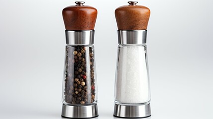 Two glass pepper shakers and a salt shaker sit on a white counter, spices for food