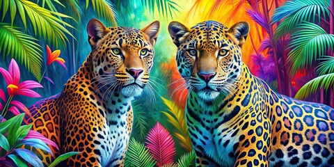 Vibrant generative image featuring a colorful jungle leopard and jaguar in a tropical wildlife scene