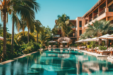 Fototapeta premium Luxury hotel with pool, providing resort-style amenities and a calm atmosphere, ideal for guests looking to relax and unwind