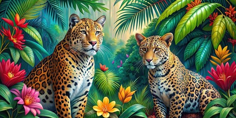 Colorful background with a jungle leopard and jaguar in a tropical wildlife setting