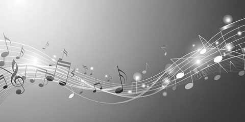 Abstract grey background with musical notes and empty space for text, perfect for banners and designs without people