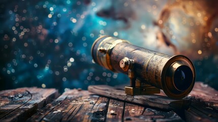Fototapeta premium A single telescope with imaginative elements, a unique background, and advanced themes to evoke a sense of wonder with a blurry backdrop and copy space
