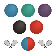 racquetball sport, set of six balls in different colours isolated on a white background