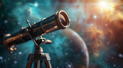 Fototapeta premium A single telescope with imaginative elements, a unique background, and advanced themes to evoke a sense of wonder with a blurry backdrop and copy space