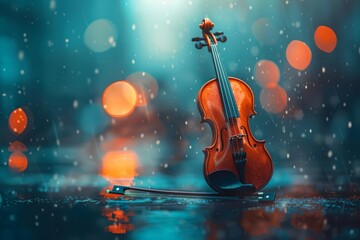 Fototapeta premium A single violin with imaginative elements, a unique background, and advanced themes to evoke a sense of wonder with a blurry backdrop and copy space