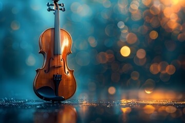 A single violin with imaginative elements, a unique background, and advanced themes to evoke a sense of wonder with a blurry backdrop and copy space