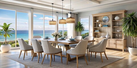 Modern coastal dining room interior design with chic chairs