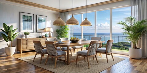 Dining room with modern coastal decor featuring stylish chairs