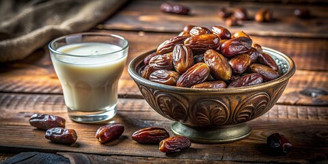 Still life shot of dried dates fruit and milk in a vintage bowl