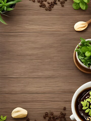 Superficie con textura de madera y hojas verdes y granos de café