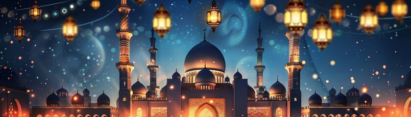 Ramadan Kareem card, elegant mosque with festive lanterns