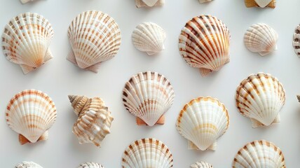 Various seashells arranged in orderly pattern on white background