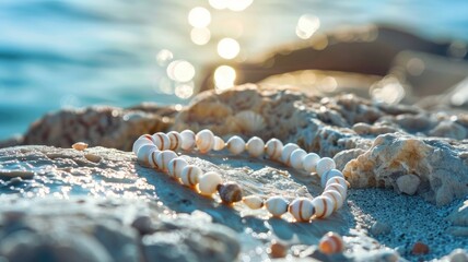 Shell bracelet on rocky shore with ocean background - Powered by Adobe