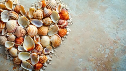 Heart-shaped collection of seashells on sandy surface