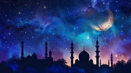 Fototapeta premium Ramadan Kareem design, starry night background, mosque silhouette
