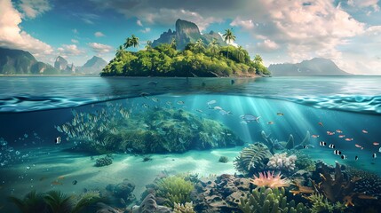 Tropical Island and Underwater Scene
