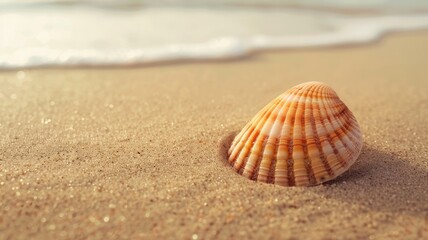 Close-up of seashell on sandy beach near ocean waves