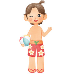 Little Boy  in Swimsuit, Summer Illustration, Summertime Clipart Hand Drawn