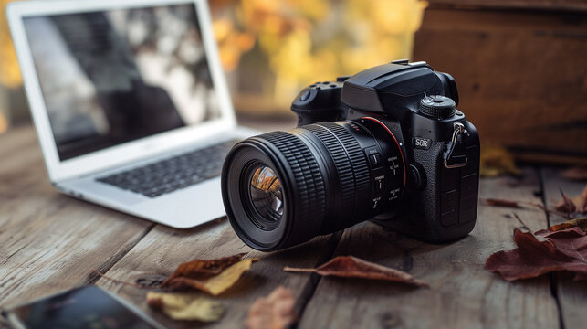 a modern digital photography camera with a laptop on the table, professional photography or videography business